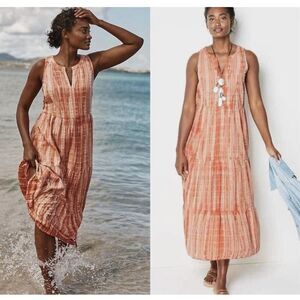 J. Jill Ibiza Peasant Maxi Tiered Dress 100% cotton orange peach floral size M
